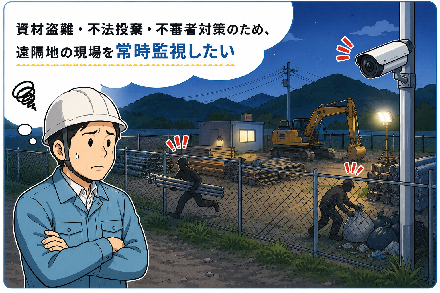 資材盗難・不法投棄・不審者対策のため、遠隔地の現場を常時監視したい