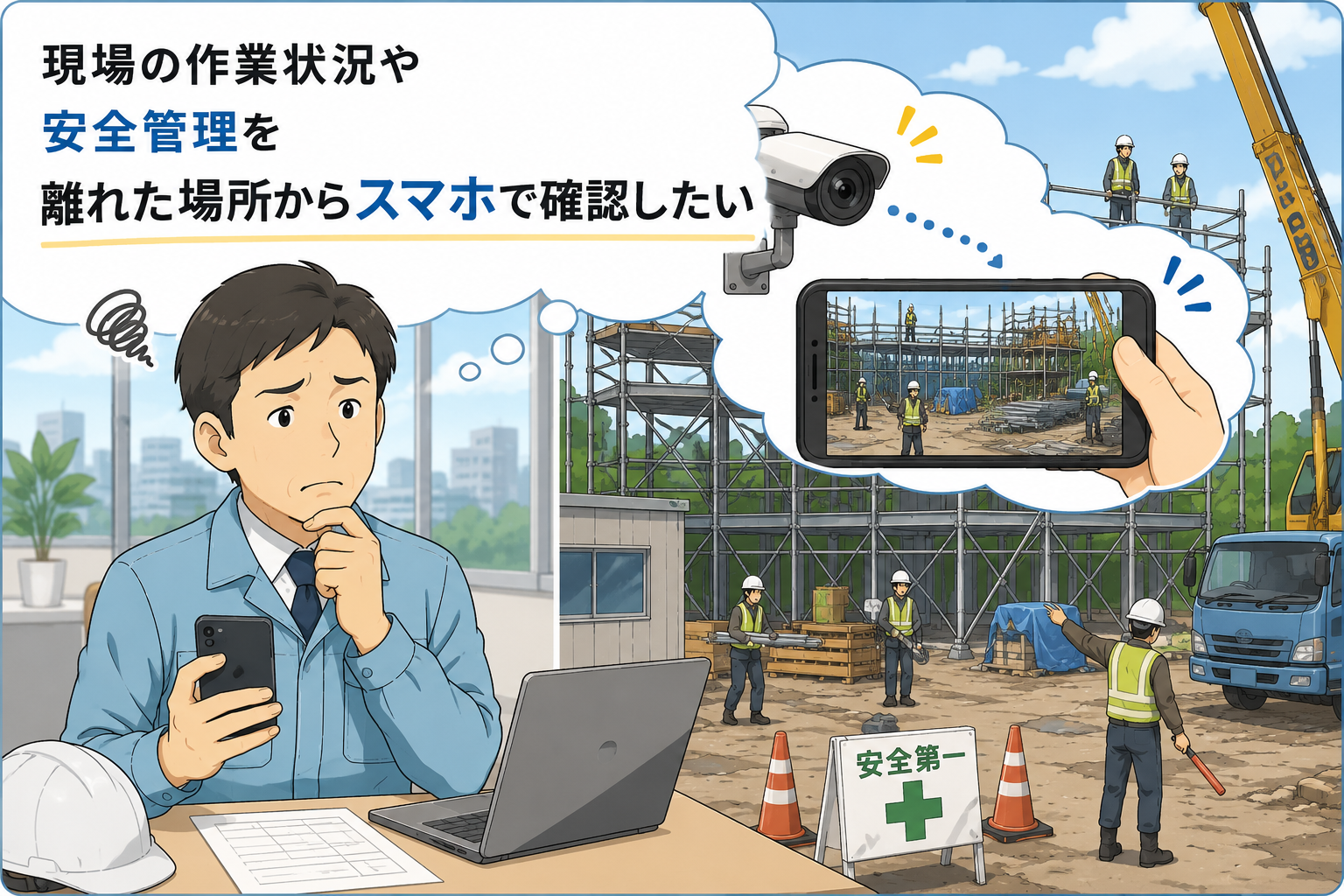 現場の作業状況や安全管理を離れた場所からスマホで確認したい
