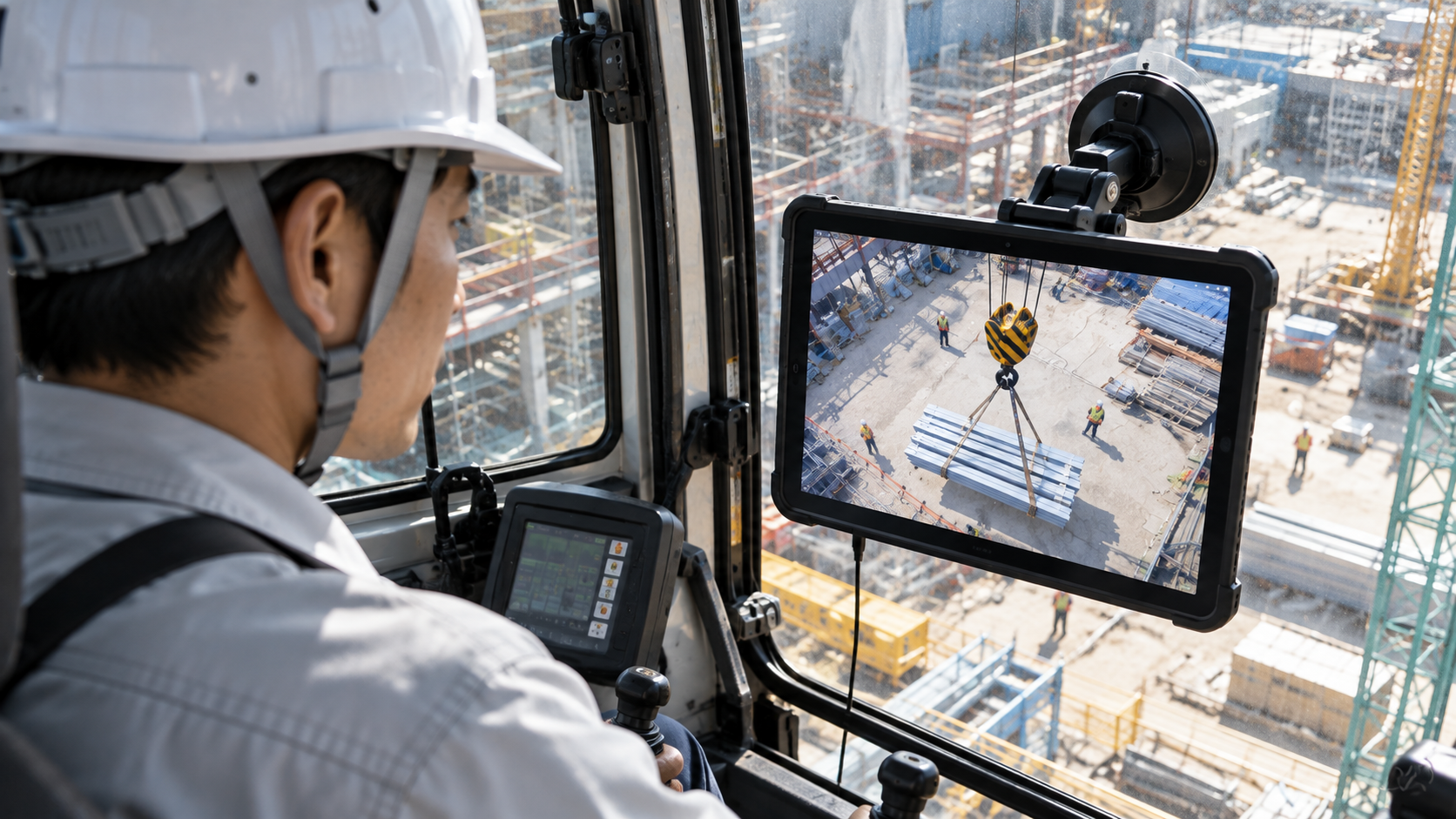 操縦席のタブレットで吊り荷の映像をリアルタイム確認